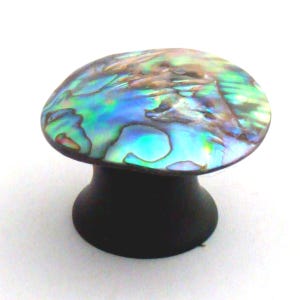 May include: A cabinet knob featuring a round, iridescent abalone shell inlay with swirling patterns of blue, green, and purple hues. The base of the knob is a solid, matte black cylindrical shape that tapers slightly towards the centre.