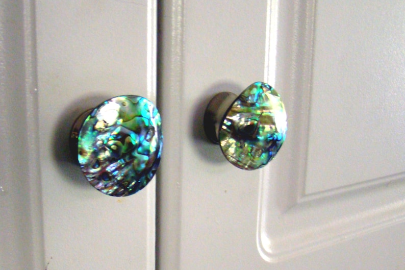 May include: Two circular cabinet knobs featuring iridescent abalone shell inlays with vibrant shades of blue, green, and gold. The knobs have a polished metallic base and are mounted onto a light grey cabinet door with vertical panel detailing.