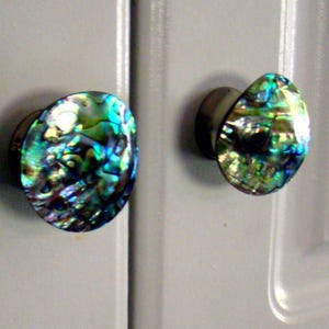 May include: Two circular cabinet knobs featuring a polished abalone shell inlay. The surface of each knob displays a vibrant, iridescent pattern of swirling blues, greens, and purples, mounted on a simple metal base attached to a light grey door.