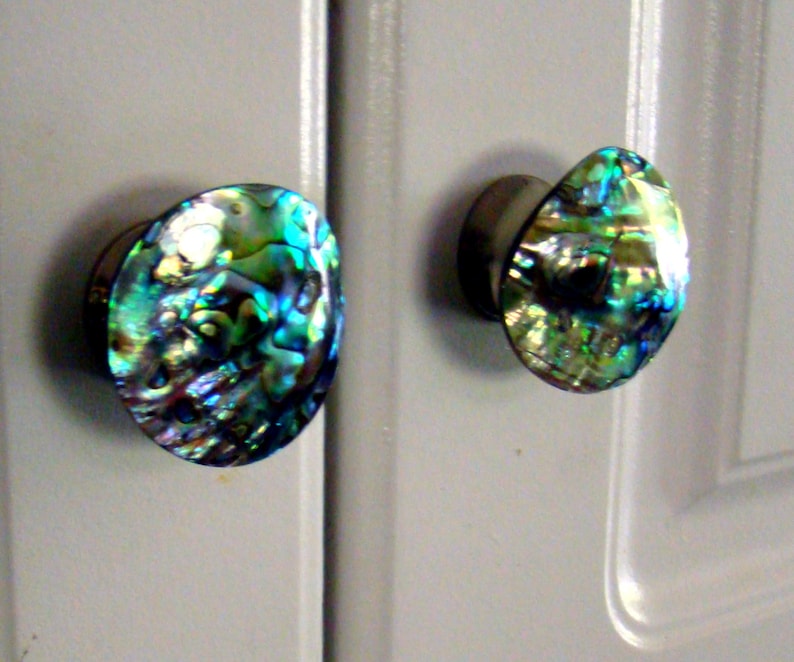 May include: Two circular cabinet knobs featuring a polished abalone shell inlay. The surface of each knob displays a vibrant, iridescent pattern of swirling blues, greens, and purples, mounted on a simple metal base attached to a light grey door.