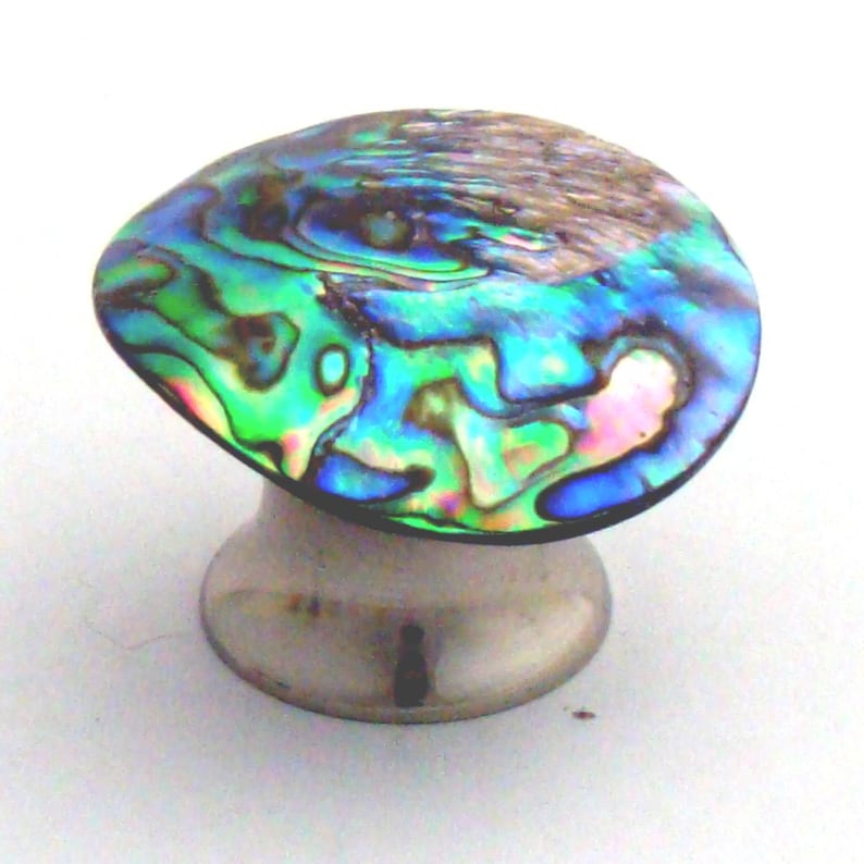 May include: A cabinet knob featuring a circular, iridescent abalone shell inlay with swirling patterns of green, blue, and purple hues. The shell is mounted on a smooth, polished silver-toned metal base that tapers towards the bottom.