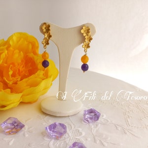 Yellow and purple pendant earrings, brass earrings, sprig of flowers stud earrings, cascade of flowers earrings, Italian craftsmanship