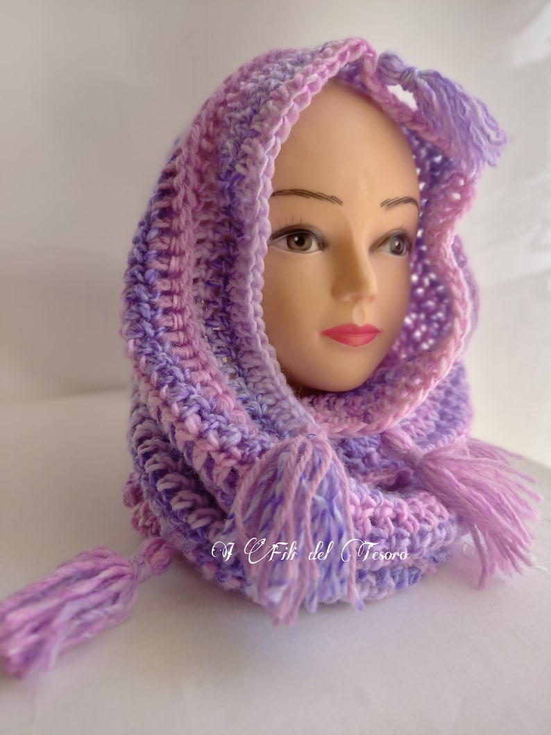 May include: A purple and pink crocheted hooded scarf with long tassels. The scarf is made with a soft, textured yarn.