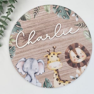 Personalised Lion Safari Jungle circle Plaque, name plate. Ideal nursery of childrens bedroom decor