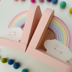Wooden Rainbow Bookends with sleepy eye clouds. Nursery or Children’s bedroom decor