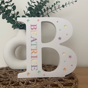 Engraved Wood Letter. New Baby Gift. Childrens decor, nursery decor, wooden personalised gift, with stars,  hearts or dinosaur prints