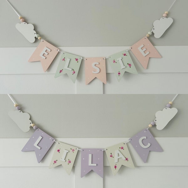 Personalised Name Wooden Bunting with cloud, heart, star, elephant, airplane or swan. Nursery or childs bedroom decor name plaque, baby gift