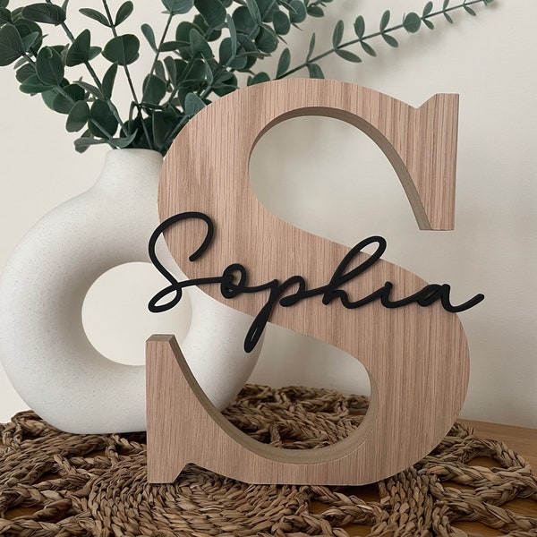 Oak Veneer Wooden Mdf Letter with scripts name, 15cm or 20cm sizes available. Lovely personalised letter gift, home decor