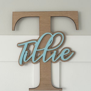 Oak Veneer Letter with painted Script Name. 3 sizes available. Wall decor, mdf name, personalised gift, letter, initial, childrens decor