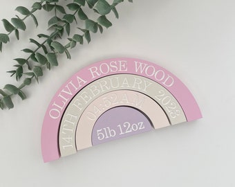 New Baby Gift - Personalised Wooden Rainbow. Engraved With Birth Details. Newborn keepsake Gift or ideal nursery decor