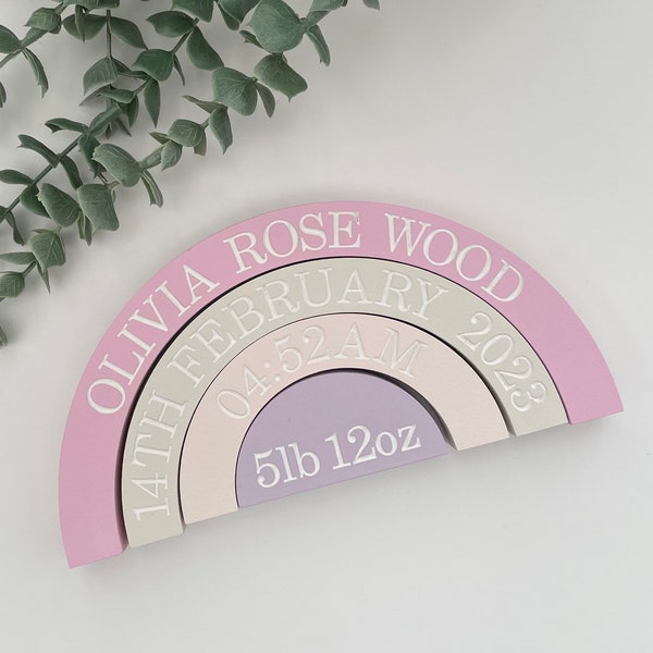 New Baby Gift - Personalised Wooden Rainbow. Engraved With Birth Details. Newborn keepsake Gift or ideal nursery decor