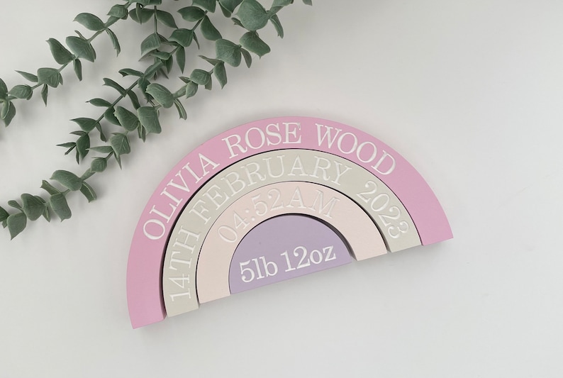 New Baby Gift Personalised Wooden Rainbow. Engraved With Birth Details. Newborn keepsake Gift or ideal nursery decor image 1