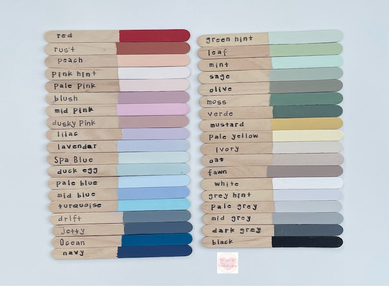 The Woodvine colour chart, with lots of lolly stick painted in various colours with colour names on.