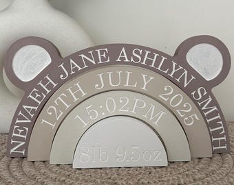 Personalised Engraved Rainbow Baby Birth Sign, Nursery Decor, New Baby Gift