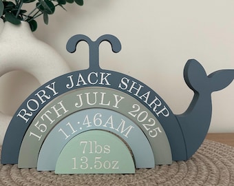 Personalised Engraved Whale Birth Detail Stackable Rainbow. Nursery Decor or New Baby Keepsake Gift