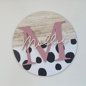 Personalised Dalmatian print circle Plaque, with Letter and name plate. Ideal nursery of childrens bedroom decor