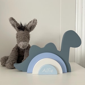 Personalised Wooden Dinosaur Stacking Rainbow Decor. Nursery, Childs Bedroom Decor