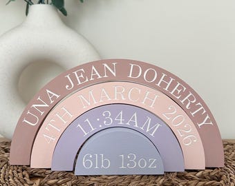 Personalised Engraved Wooden Rainbow Birth Keepsake, Neutral Nursery Decor