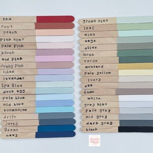 Pode incluir: Uma paleta de cores com palitos de madeira pintados em diferentes tons e rotulados com seus nomes. A paleta inclui cores como vermelho, rosa, azul, verde e cinza. Ideal para projetos de artesanato.