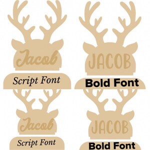 May include: Four wooden reindeer head cutouts with the name "Jacob" displayed in script and bold fonts. Each reindeer head has antlers and a rectangular base with the text "Script Font" or "Bold Font".