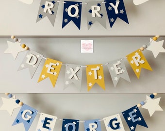 Personalised Name Wooden Bunting with clouds, hearts or star ends and beads. Nursery or childs bedroom decor name plaque, baby gift