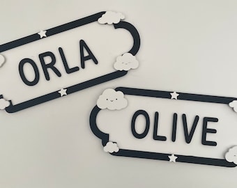 Personalised Street Sign Name Plaque - Clouds Design - Bedroom door name plate Nursery Decor or Childs Room
