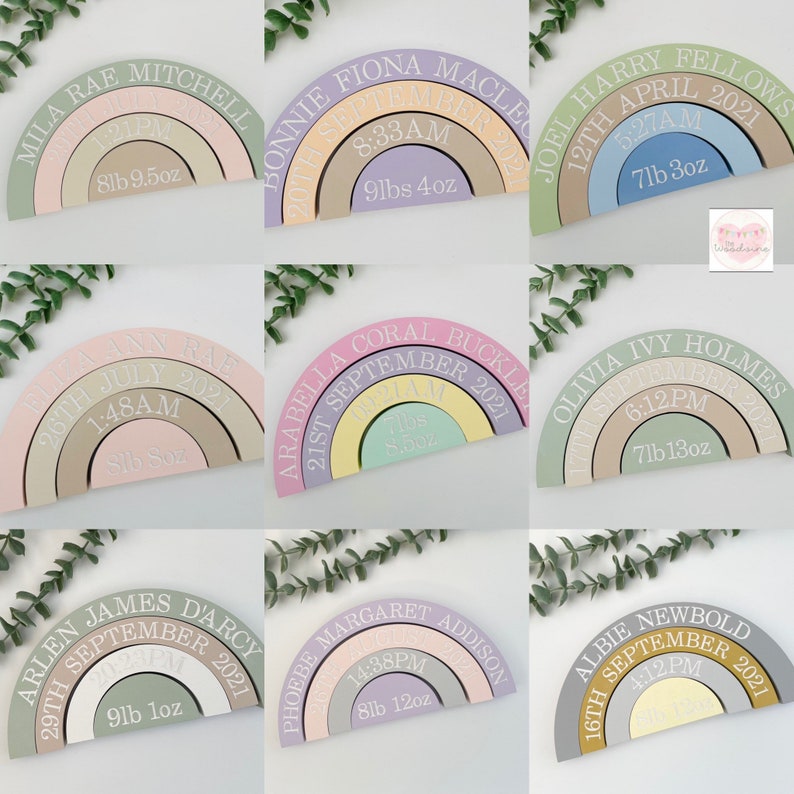 New Baby Gift Personalised Wooden Rainbow. Engraved With Birth Details. Newborn keepsake Gift or ideal nursery decor image 8