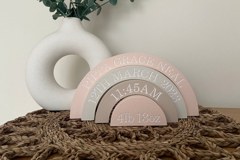 New Baby Gift Personalised Wooden Rainbow. Engraved With Birth Details. Newborn keepsake Gift or ideal nursery decor image 3