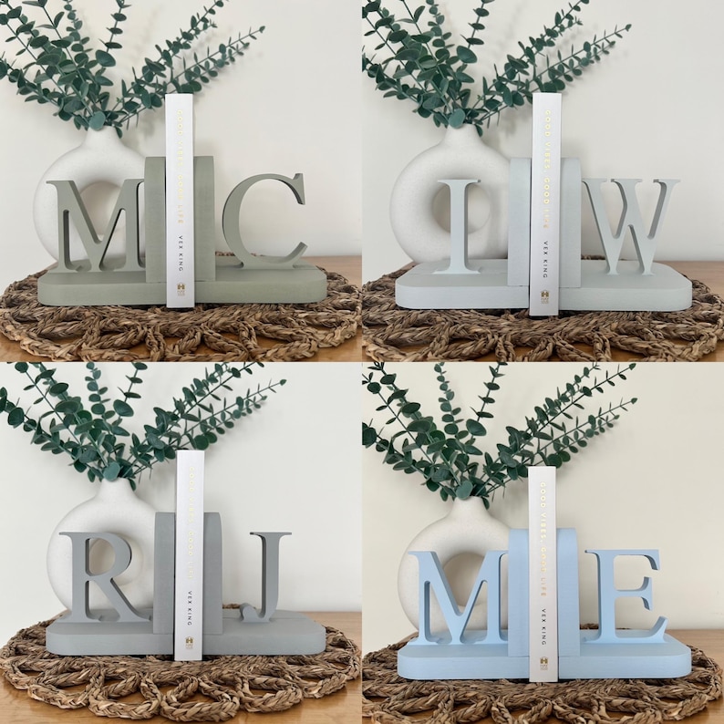 A collage of 4 initial bookends in different colours.