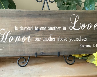 Be Devoted to One Another in Love Sign Christian Burlap or Cotton Art Print Romans 12:10 Wedding Anniversary Gift Bible Verse Sign Decor