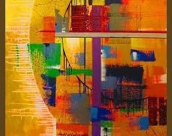 May include: Abstract painting with a yellow, orange, red, green, blue, and purple color scheme. The painting features a large circle in the background and a series of overlapping geometric shapes in the foreground.
