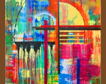 May include: Abstract painting with bold geometric shapes and vibrant colors, including red, yellow, blue, green, and black. The painting features a large, curved shape in the upper right corner, and a series of vertical lines in the left half of the canvas.