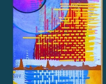 May include: Abstract painting with a pink, blue, yellow, and red color scheme. The painting features a large circle with a smaller circle inside, and a grid pattern with yellow and red lines.
