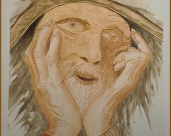 May include: Watercolor painting of a person's face with a brown beard and hands covering their face. The person is wearing a brown hat.