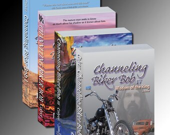 May include: Four books titled "Channeling Biker Bob" are displayed. The covers feature images of a motorcycle, a man, and landscapes. The author's name, Nik C. Colyer, is visible on the front cover of the fourth book. Quotes are also visible.