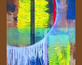 May include: Abstract painting with a brown, blue, and yellow color scheme. The artwork features a large, semi-circular shape with dripping white paint. Vertical black and red lines intersect with a yellow and green rectangular shape.