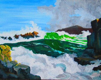 May include: A painting of a stormy seascape with large waves crashing against rocky cliffs. The water is a deep green and blue, with white foam and spray. The sky is a bright blue with white clouds.