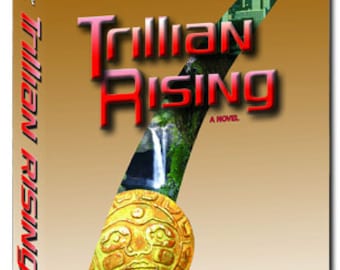 May include: A book cover with a gold background and a red and white title that reads "Trillian Rising: A Novel". The author's name, "Nik C. Colyer", is printed in red at the bottom of the cover.