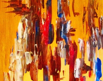 May include: Abstract painting with a yellow background and vertical brushstrokes in shades of brown, blue, red, and white.