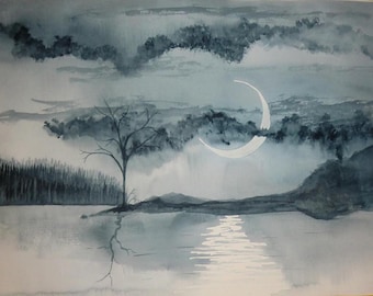 May include: A watercolor painting of a crescent moon in a cloudy sky over a lake with a lone tree on a small island. The water reflects the moon and the sky is a soft blue.