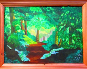 May include: A painting of a forest path with green trees and a brown dirt path leading into the distance. The path is lined with green bushes and the trees are painted in a variety of shades of green.