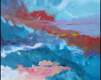 May include: Abstract painting with a blue, red, pink, and white color scheme. The painting features a variety of brushstrokes and textures, creating a sense of depth and movement.