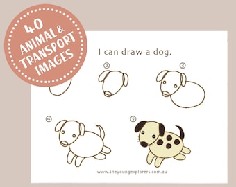 Schritt für Schritt Zeichnung Ich kann Tiere und Transporte zeichnen Download PDF, How to Draw, preschool-Kindergarten. Arbeitsblätter und Aktivitäten, Kids