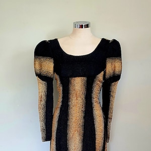 Black and gold evening dress, maxi dress, striped, empire line, puff long sleeves, approx size 8