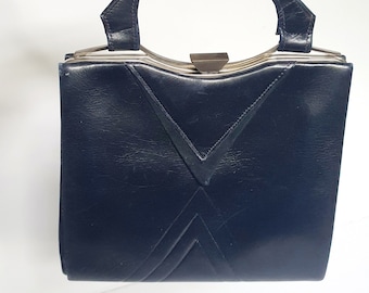 1930s Art Deco Navy Leather Bag with Original Mirror