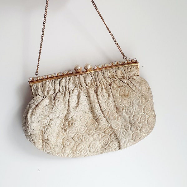 Thirties vintage bag, ornate brass shell frame, gold brocade evening bag with golden satin lining