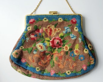 Blue petit point bag, vintage evening bag, 1950’s, floral pattern, accents of pink, green, taupe