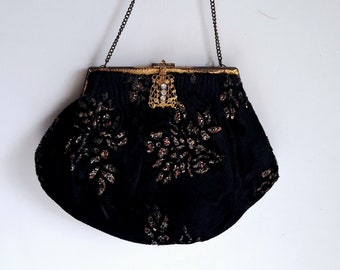 Black velvet vintage evening bag, 1920's with glitter floral decoration, gold filigree clasp