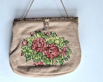 Vintage evening bag, needlepoint, 1920s floral pattern, decorative brass enamel frame, roses