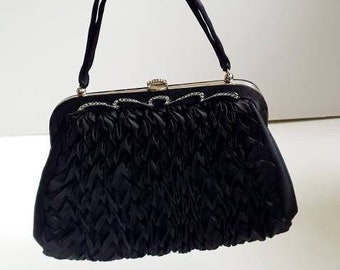 Vintage black bag, satin evening bag, 1950's, ruched, original mirror